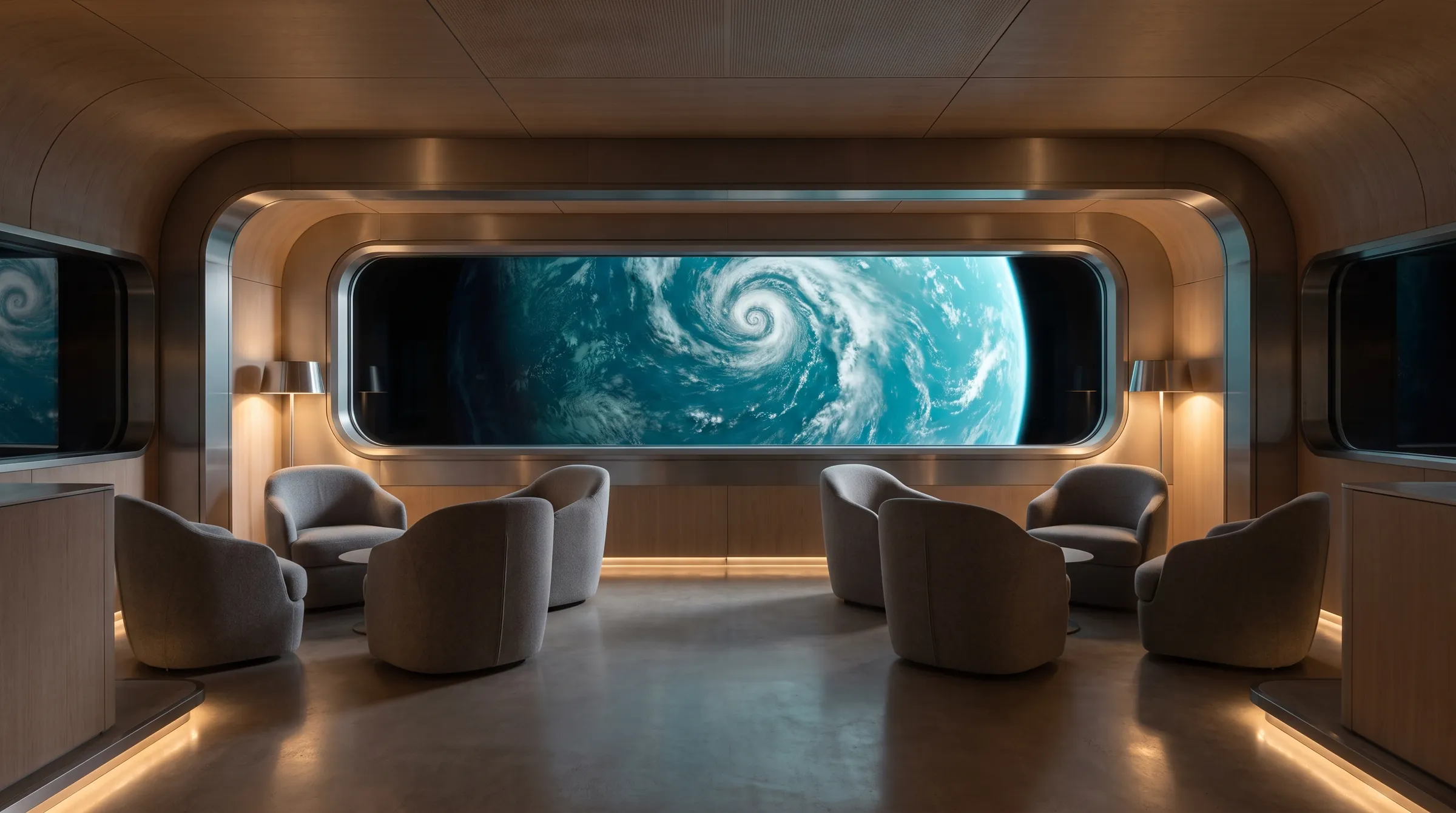 Salon du vaisseau : fauteuils en laine grise face à un hublot panoramique qui donne sur une planète océan.