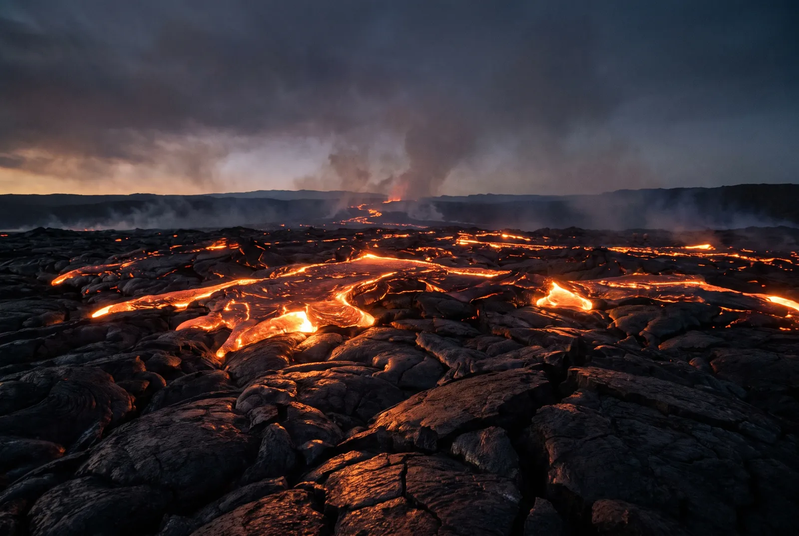 Plaine de basalte noir fendue de coulées de lave orange, sous un ciel de fumée au crépuscule.